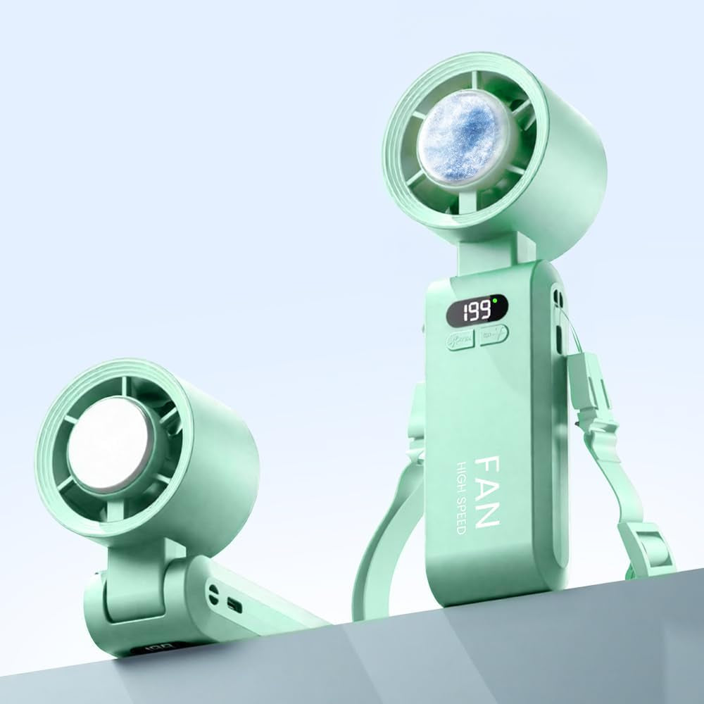Experience Ultimate Comfort with the Handheld Portable Turbo Fan – Rechargeable 5500mAh Personal Cooler with 199 Speed Settings for Travel and Outdoor Use, Light Green