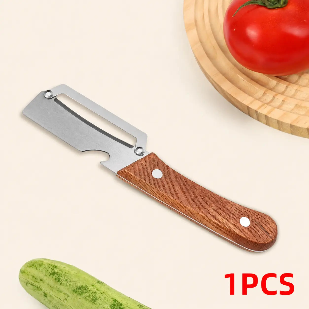 2PCS Wooden-Handled Vegetable & Fruit Peeler - Stainless Steel Blade with Built-In Bottle Opener, Ergonomic Kitchen Tool