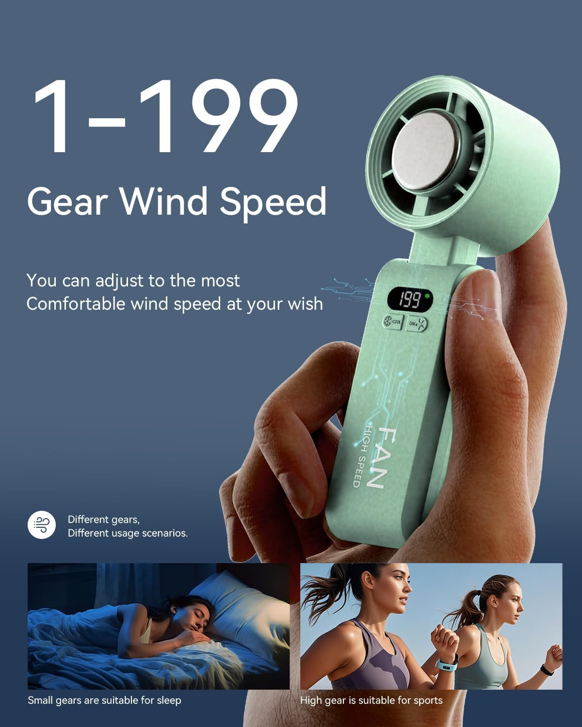 Experience Ultimate Comfort with the Handheld Portable Turbo Fan – Rechargeable 5500mAh Personal Cooler with 199 Speed Settings for Travel and Outdoor Use, Light Green