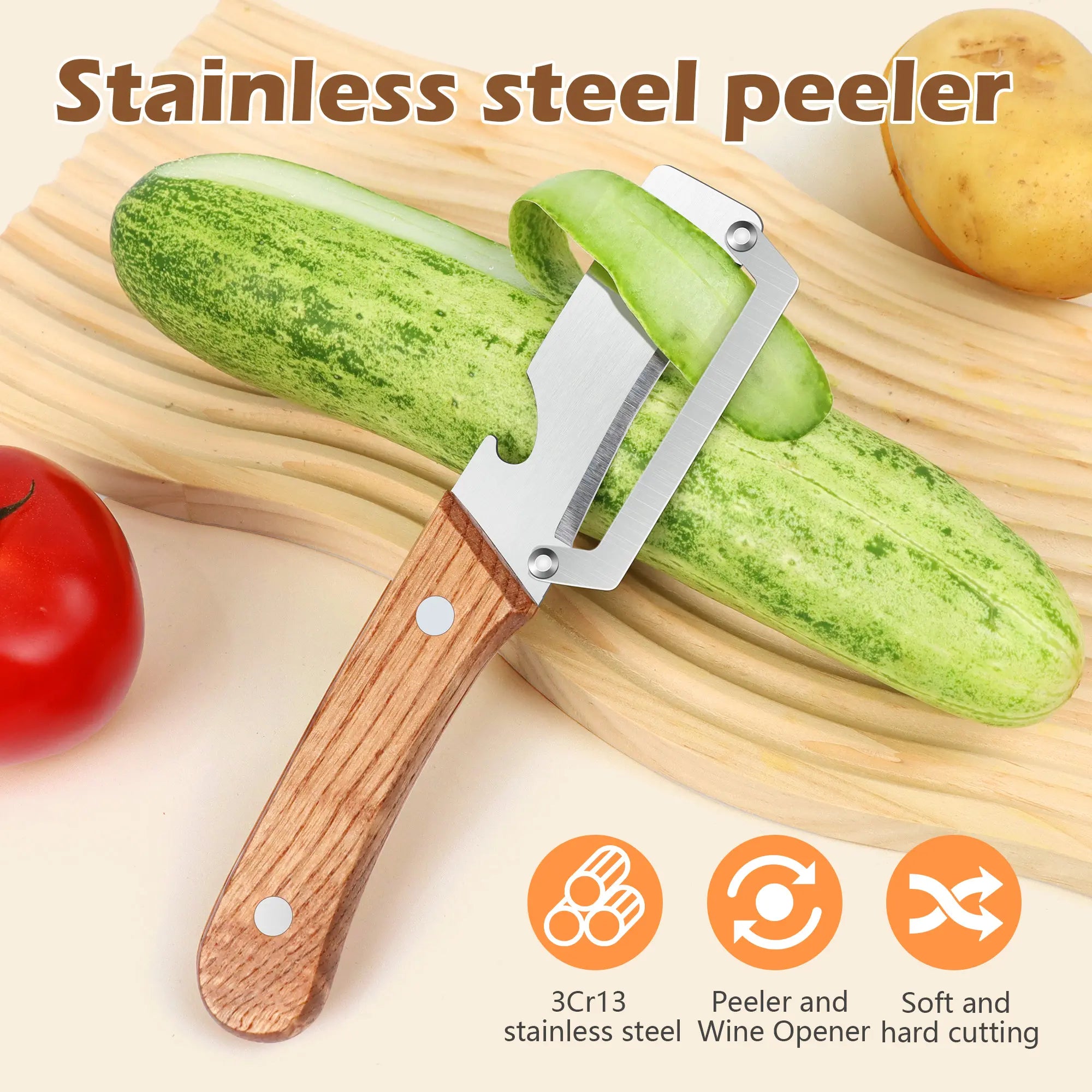 2PCS Wooden-Handled Vegetable & Fruit Peeler - Stainless Steel Blade with Built-In Bottle Opener, Ergonomic Kitchen Tool